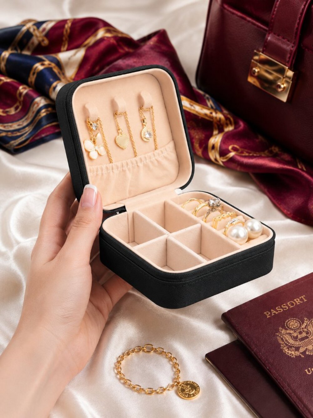 Travel Jewelry Case Organizer Box Portable Zipper Rings Earrings Necklace Black